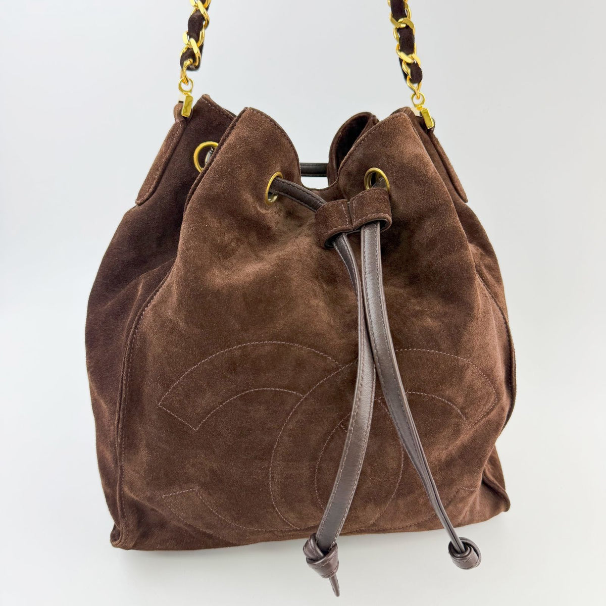 Chanel CC Logo Embossed Drawstring Bucket Chain Shoulder Bag Suede Leather — view 3