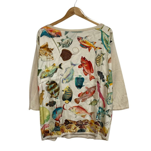Gucci Tom Ford Era Fish Print Silk Contrast Knit Top Ivory Spring Summer Fall S