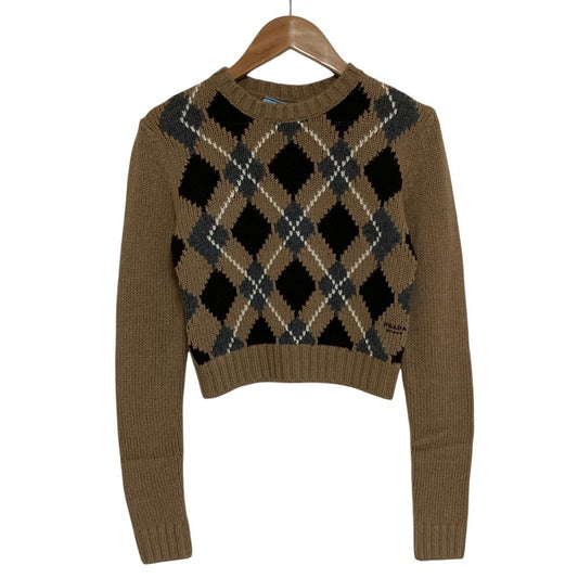 Prada Argyle Check Cropped Cashmere Knit Sweater Brown Autumn Winter 36