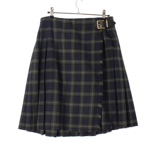 Miu Miu Wool Metal Buckle Leather Belt Tartan Wrap Skirt Navy Moss Green 36
