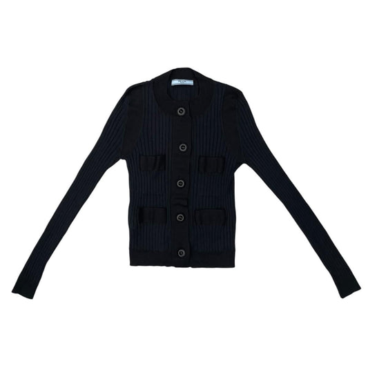 Prada Knit Cardigan Rib Black Wool Silk 38