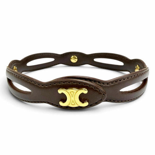 Celine Triomphe Leather Necklace Choker Brown Gold
