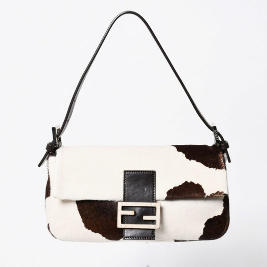Fendi Mamma Bucket Bag Leather Calf Hair Pony White Brown Silver