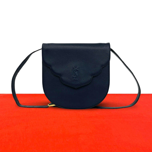 Saint Laurent Yves Vintage YSL Logo Embossed Leather Shoulder Bag Navy