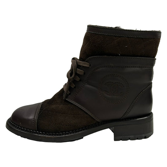 Chanel Short Boots Dark Brown Lace-up CC Logo Quilted Leather