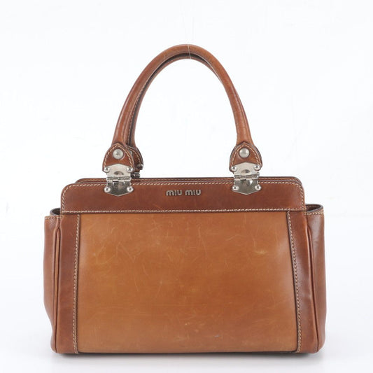 Miu Miu Leather Tote Bag Shoulder Hand Brown Silver