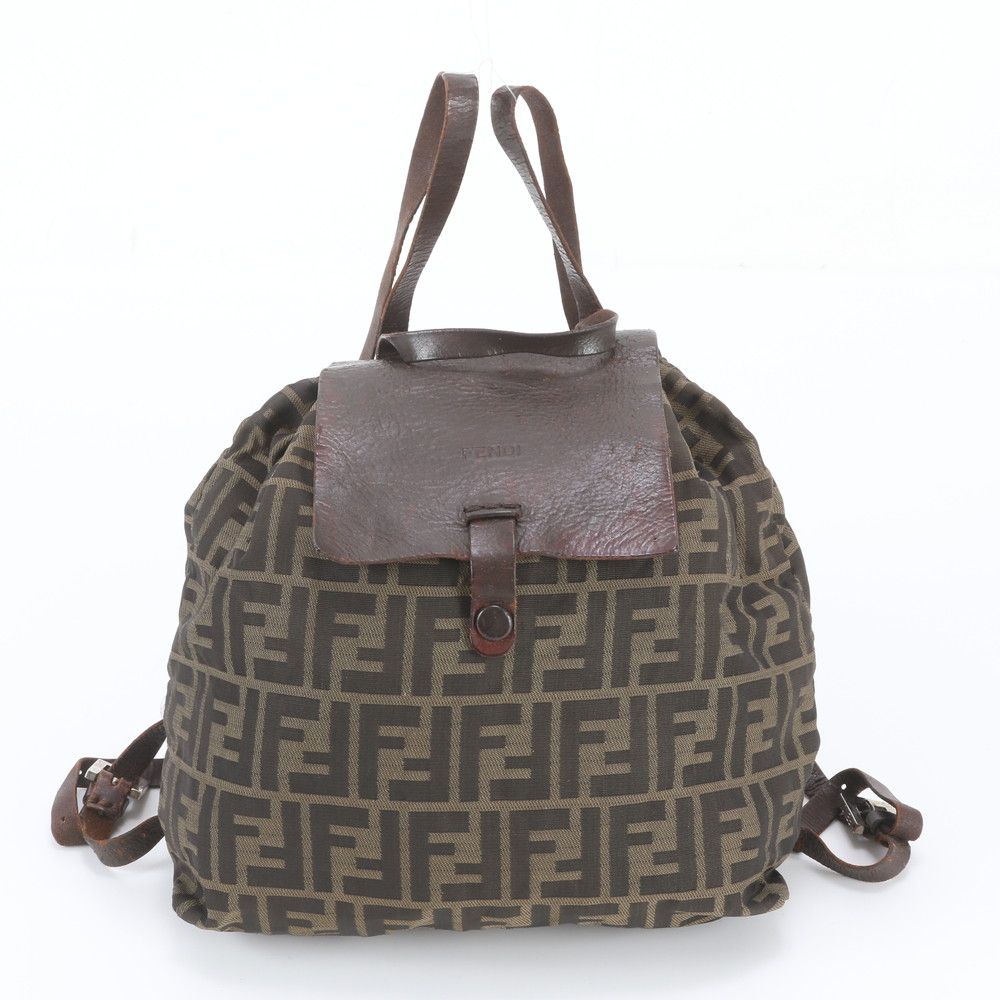 Fendi FF Zucca Leather Backpack Shoulder Bag Brown