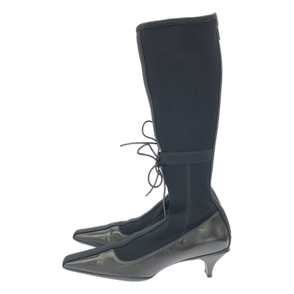 Prada Leather Stretch Knit Long Heels Boots Black — view 2