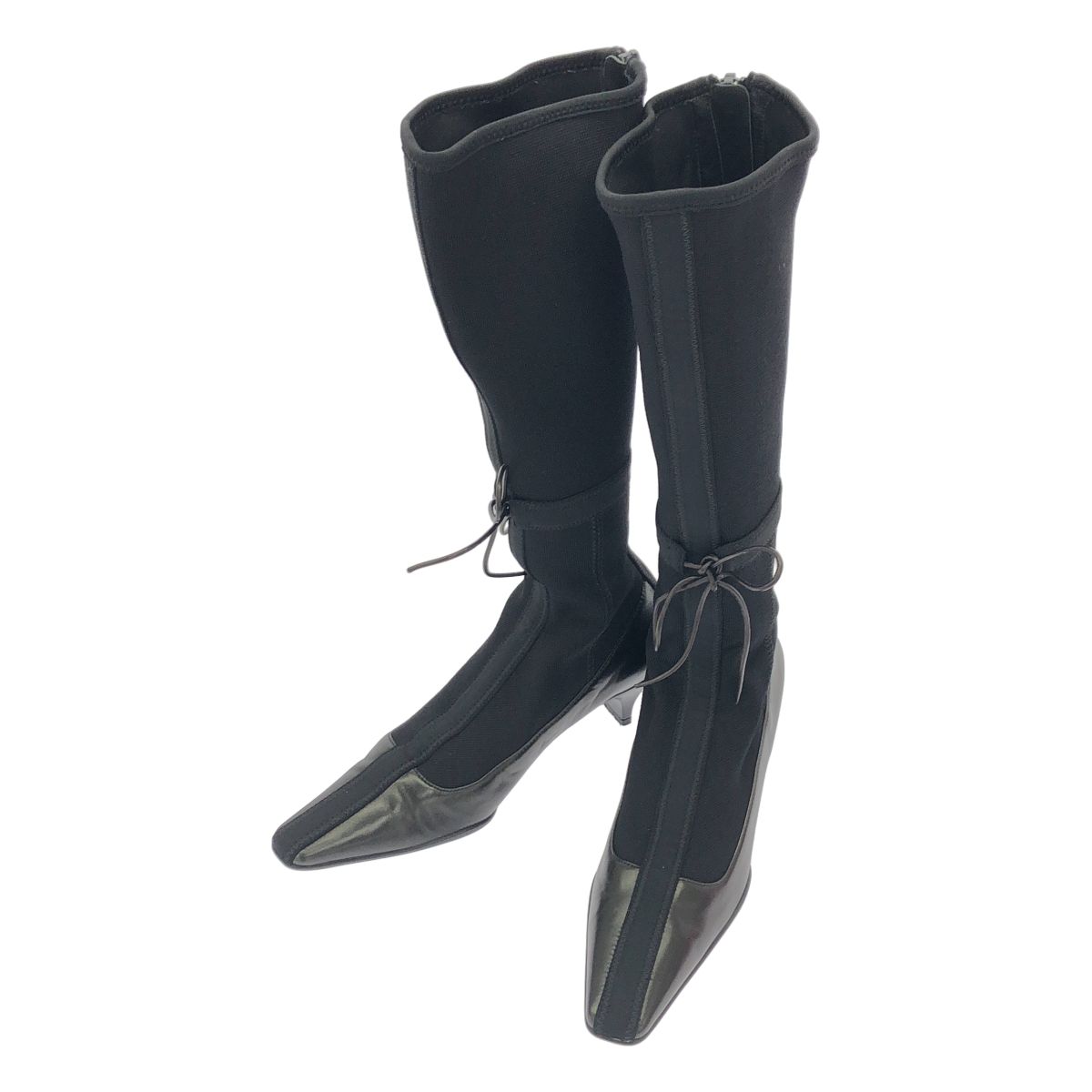 Prada Leather Stretch Knit Long Heels Boots Black