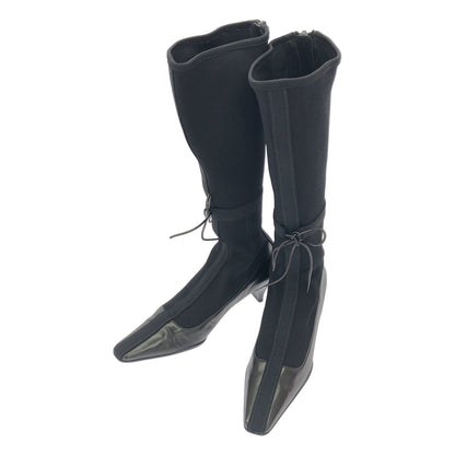 Prada Leather Stretch Knit Long Heels Boots Black