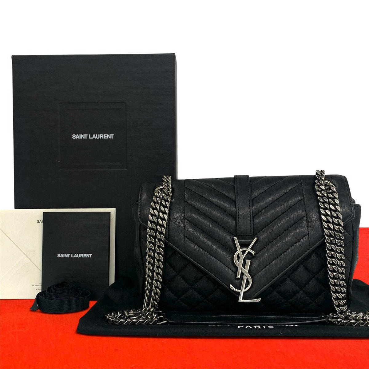 Saint Laurent Paris Envelope Medium Leather Chain Shoulder Bag Black
