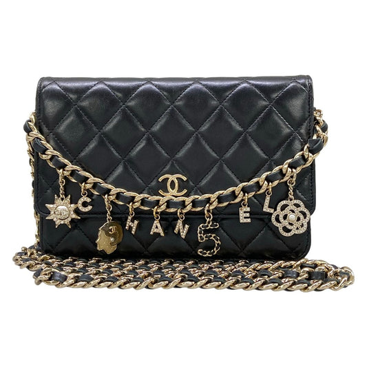Chanel Wallet Quilted Black Chain Gold Icon Charm Lambskin Shoulder Bag