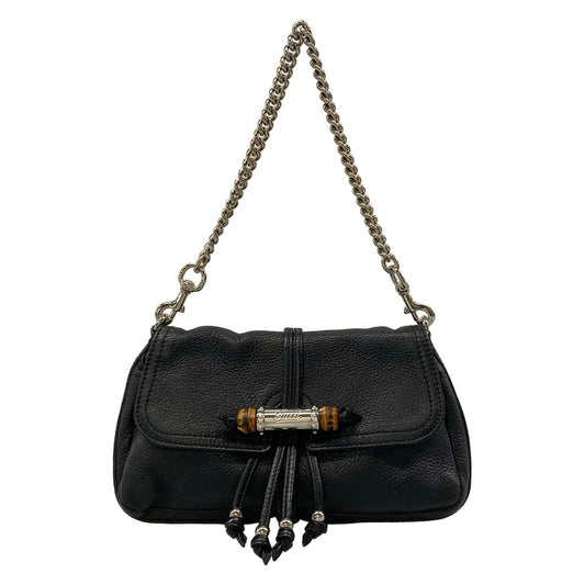 Gucci Shoulder Bag Bamboo Black Silver Chain Leather