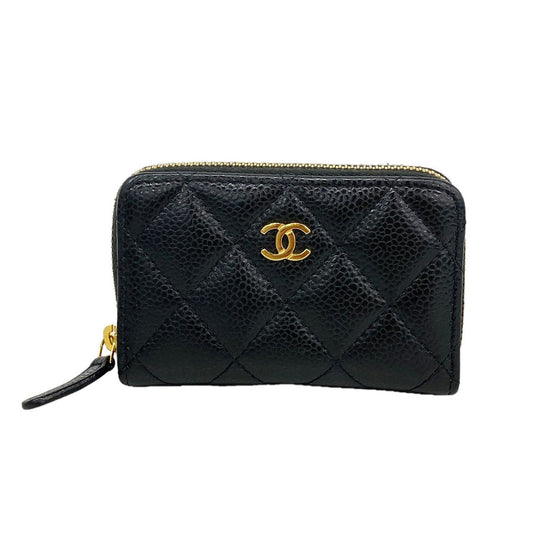 Chanel Coin Purse Quilted Caviar Leather Black Gold