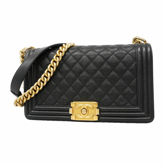 Chanel Shoulder Bag Boy Caviar Leather Black Gold