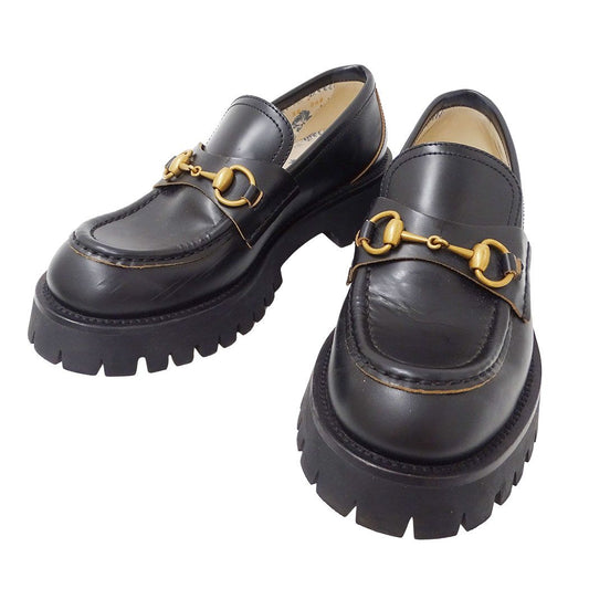 Gucci Leather Shoes Loafers Lug Sole Horsebit Black Thick Bee