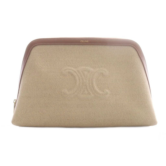 Celine Cuir Triomphe Canvas Clutch Pouch Beige Brown