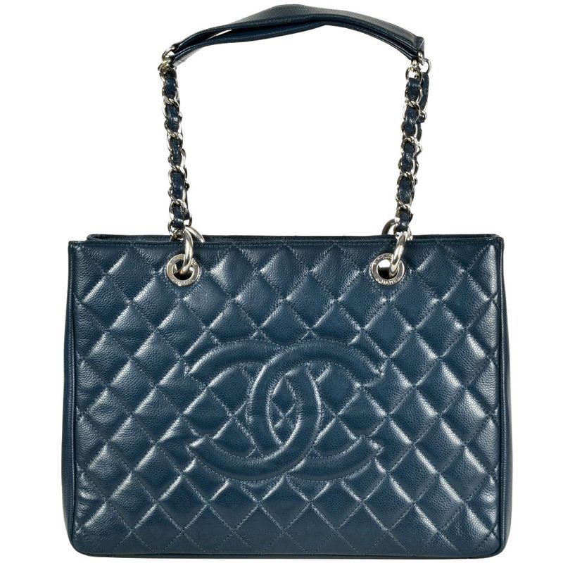 Chanel GST Chain Tote Bag Caviar Skin Blue Silver Hardware 17th Unit Coco Mark