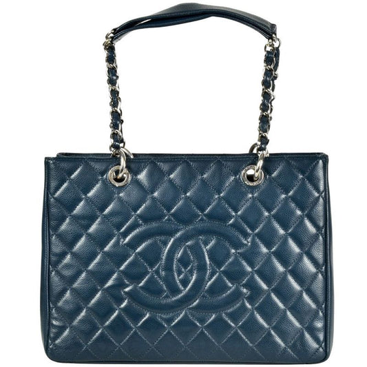 Chanel GST Chain Tote Bag Caviar Skin Blue Silver Hardware 17th Unit Coco Mark
