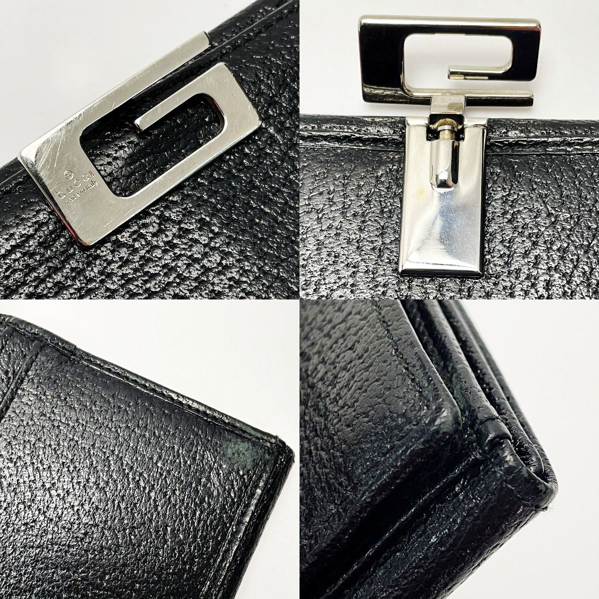 Gucci Bifold Long Wallet 035 1408 2097 Black Pigskin Leather Ladies Silver