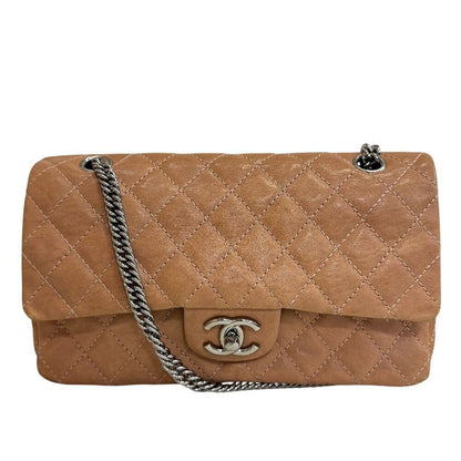 Chanel Chain Turnlock Double Flap 25 Quilted Lambskin Shoulder Bag Beige