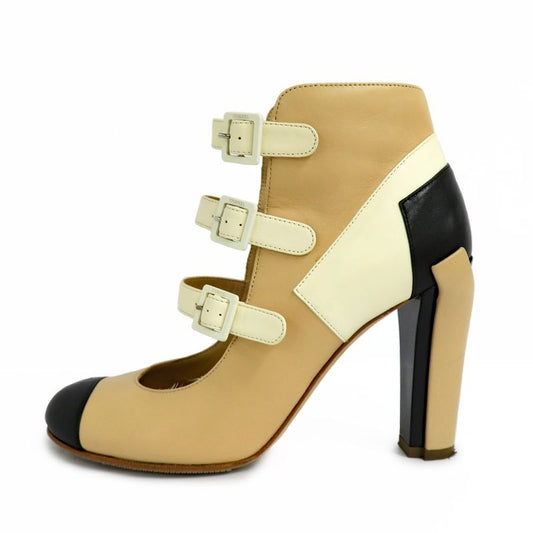 Chanel Short Boots Ankle Strap Coco Mark 35.5 Beige Black White