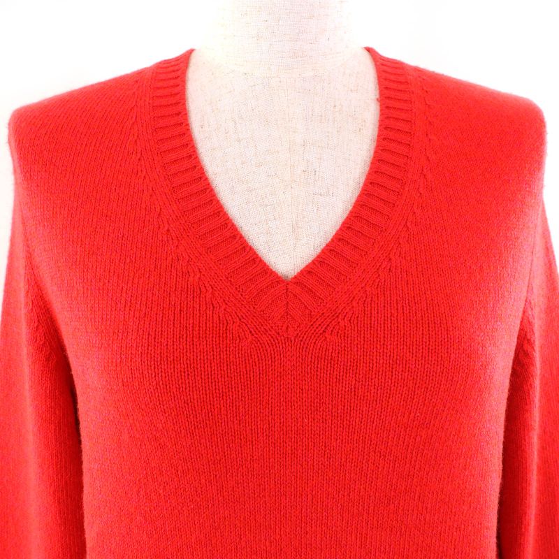 CHANEL P57305 100% Cashmere Coco Mark Pearl V-neck Long Sleeve Knit Sweater Red