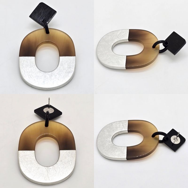 Hermes Earrings Ism Binaural Buffalo Horn Lacquer Brownish/silver Color Silver