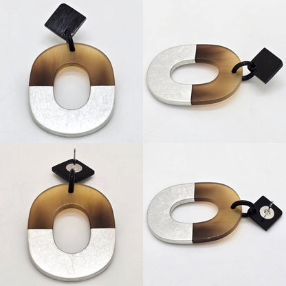 Hermes Earrings Ism Binaural Buffalo Horn Lacquer Brownish/silver Color Silver