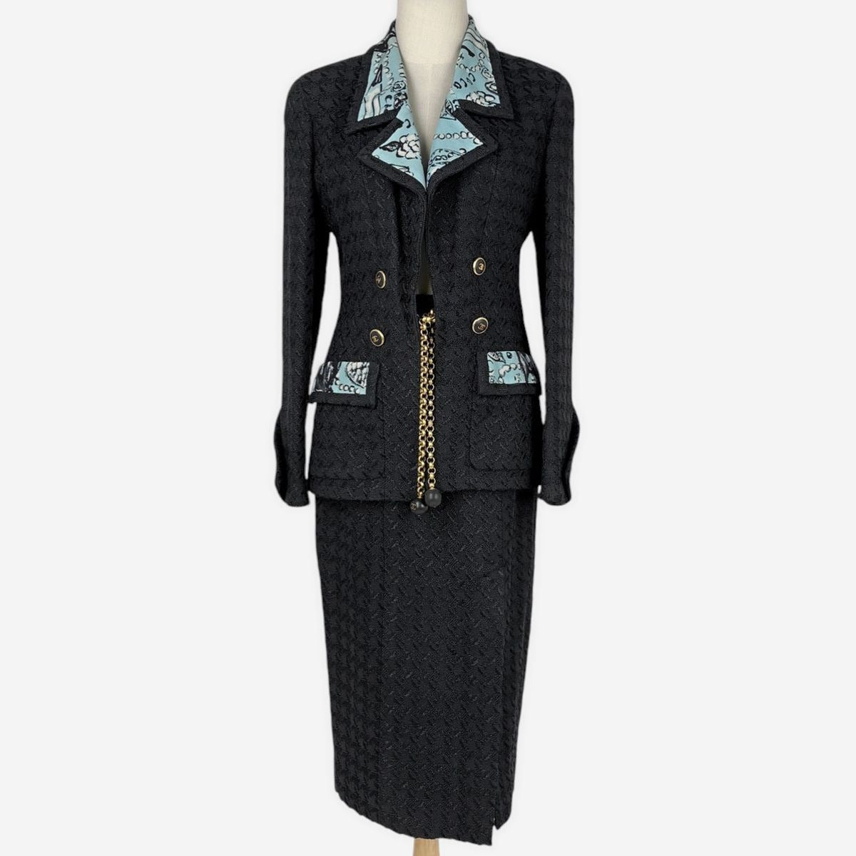 Chanel Tweed Set Camellia Pattern CC Logo Button Skirts Rayon Cotton Jacket Navy - Light Blue