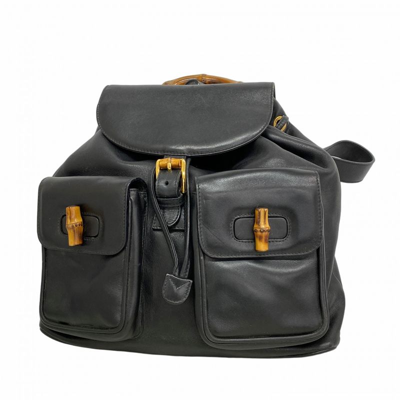 Gucci Backpack Daypack Bamboo 0030 2058 Leather Black Gold Hardware Women