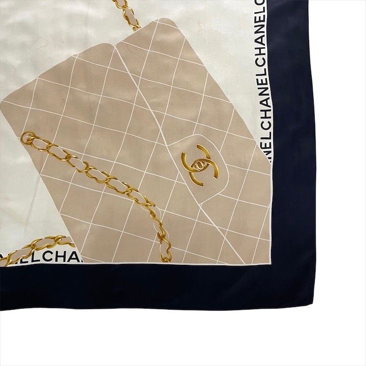 Chanel CC Logo Quilted Scarf Silk Black Beige Large