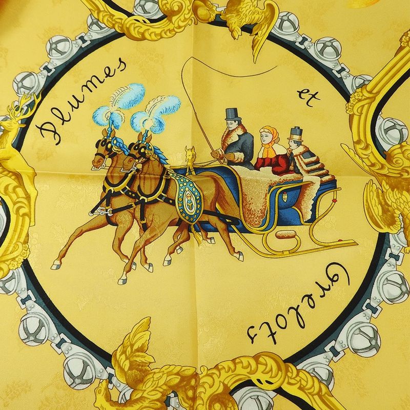 Hermes Carre90 Scarf 100% Silk Plumes Et Grelots Feathers And Bells Green Beige