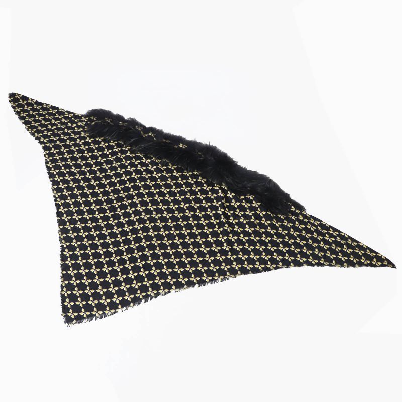Fendi Fxt069 Silk Blend Raccoon Fur Zucca Pattern Scarf Black Yellow Beige
