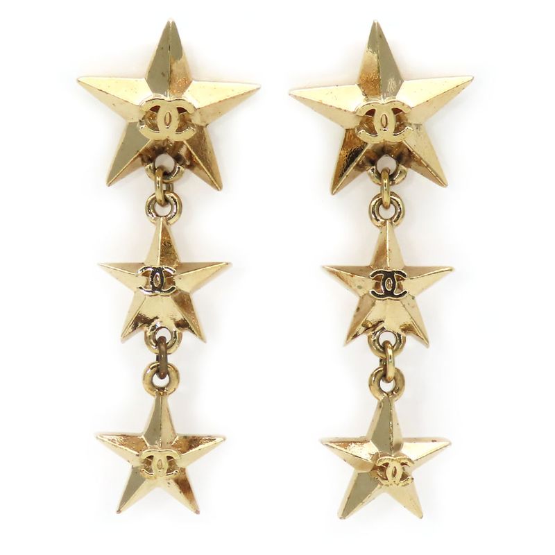 Chanel Earrings Triple Star Coco Mark Metal Gold Plated Accessories 3strand