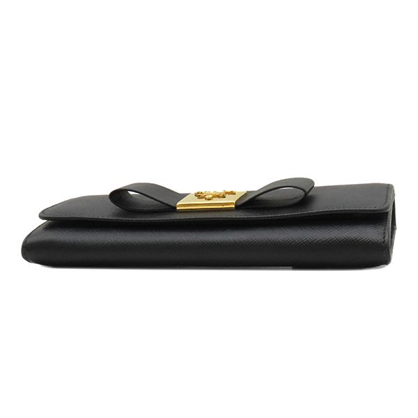 Prada Long Wallet Ribbon Flap Wallet Saffianoleather Black Goldhardware Black