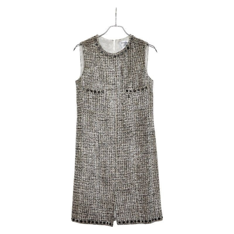 Chanel Coco Mark Sleeveless Dress Tweed Size 40 White Black Rayon
