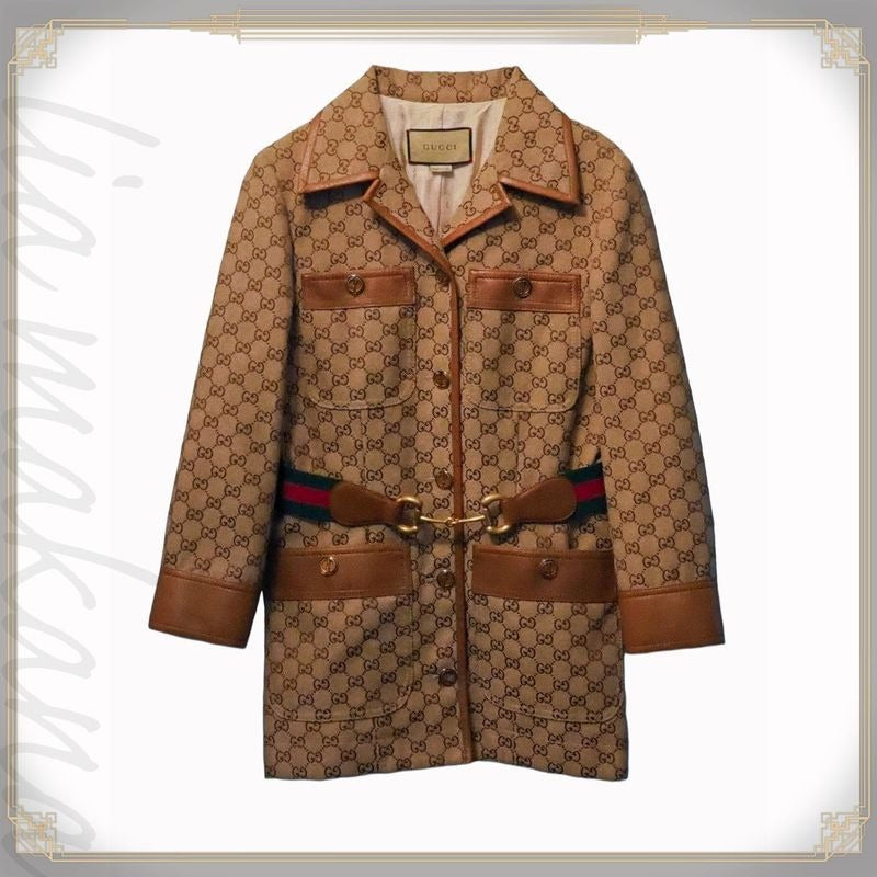 Gucci GG Canvas Jacket Web Stripe with Belt Outerwear Leather Trim