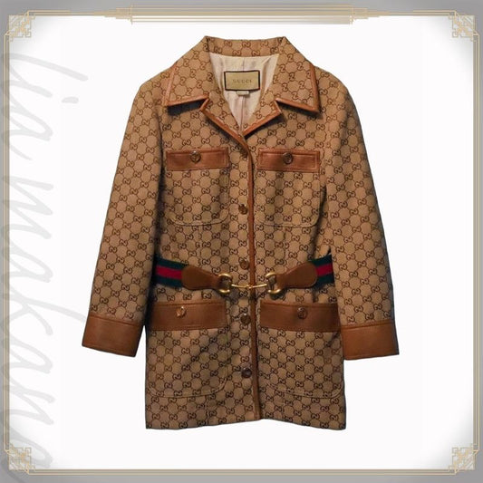 Gucci GG Canvas Jacket Web Stripe with Belt Outerwear Leather Trim