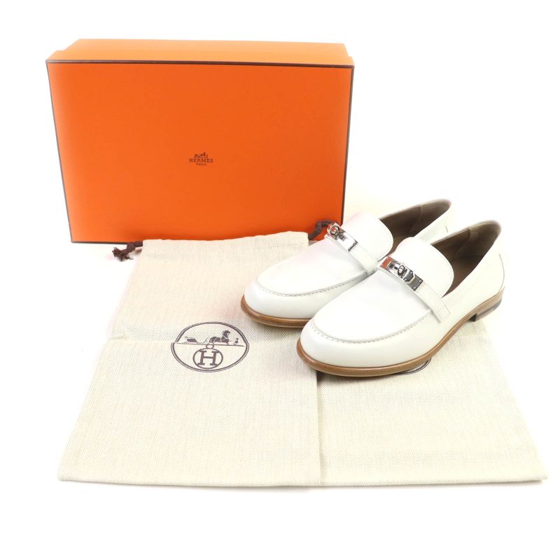 Hermes Moccasin Destin Silver Hardware Leather Loafer With Kelly Buckle White