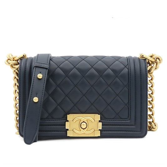 Chanel Boy 20 Small Chain Shoulder Bag Navy Gold Lambskin