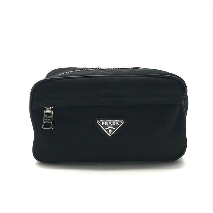 Prada Nylon Leather Triangle Logo Pouch Black Present