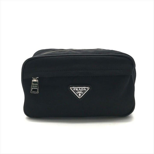 Prada Nylon Leather Triangle Logo Pouch Black Present