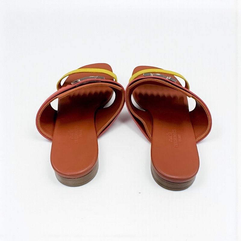 Hermes Coralia Sandals Shoes Suede Red Orange Yellow Flat Mule Hhardware Fringe