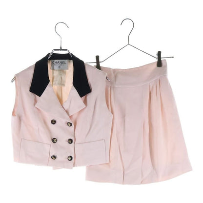 Chanel Set CC Logo Button Sleeveless Double Breasted Jacket Mini Skirt Pink