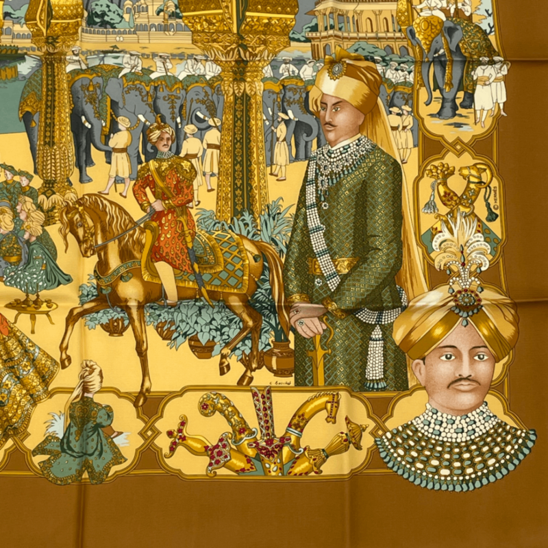 Hermes Carre 90 Silk Scarf Splendeur DES Maharajas Splendor Yellow Multicolor