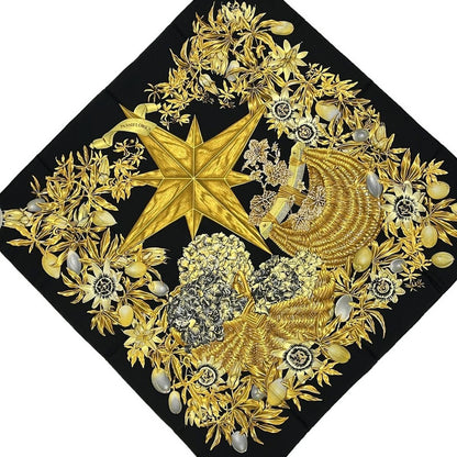 Hermes Scarf Carre 90 Black Yellow Multi Passiflores Floral Pattern Silk
