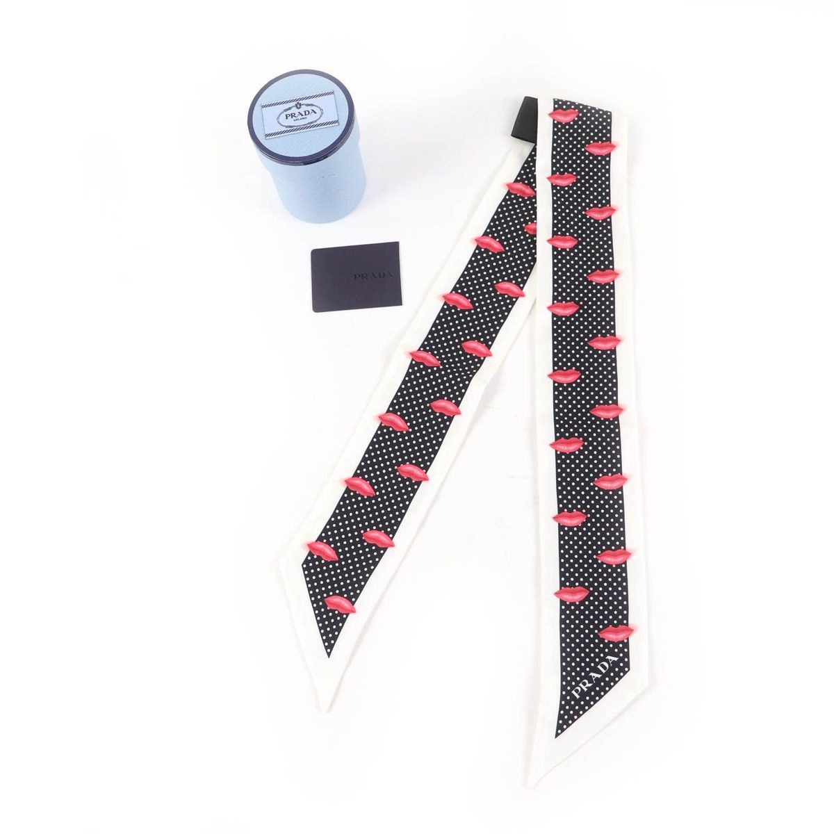 Prada Printed Silk Twill Nice Calf Lip Dot Pattern White Black 850 60 mm Scarf — view 2