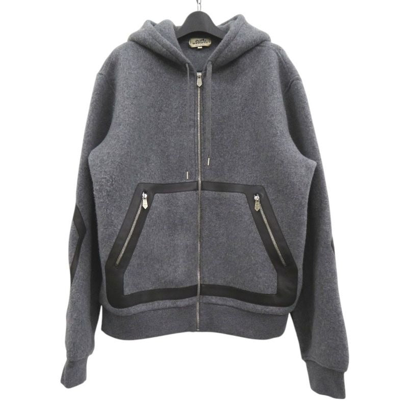 Hermes Knit Hooded Zip-up Hoodie 32-5733 Wool Cashmere Gray 1383