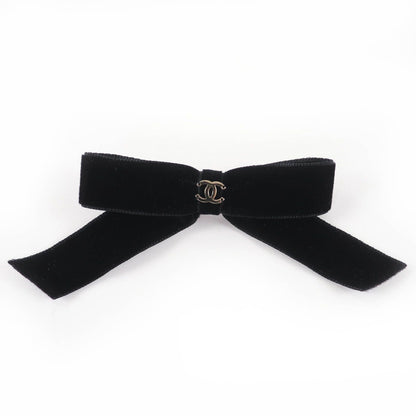Chanel CC Logo Ribbon Velour Barrette Hair Black Silver